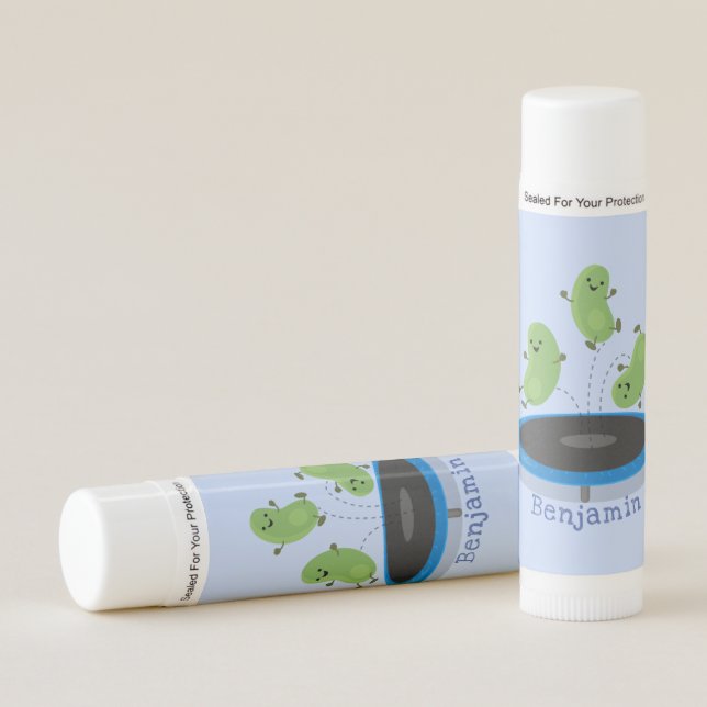 Cute funny green beans on trampoline cartoon lip balm (Front)