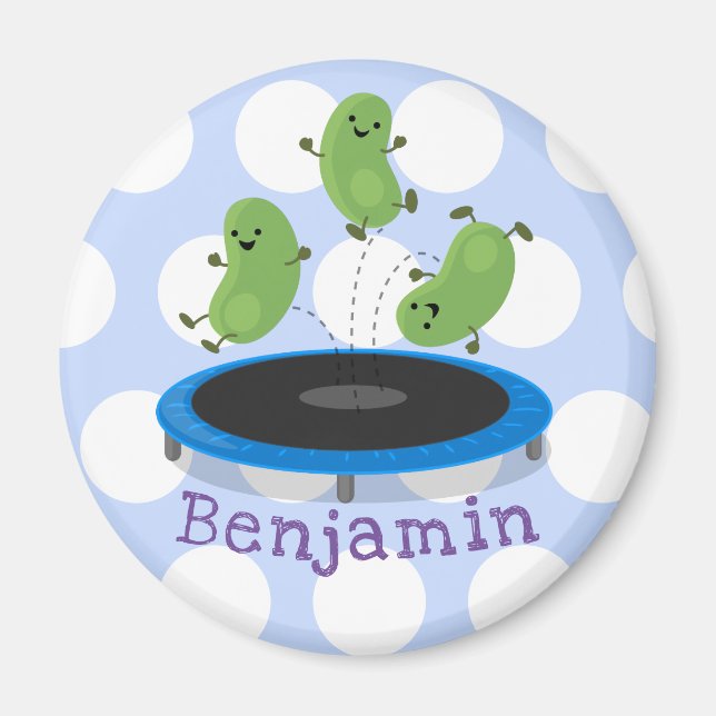 Cute funny green beans on trampoline cartoon magnet (Front)