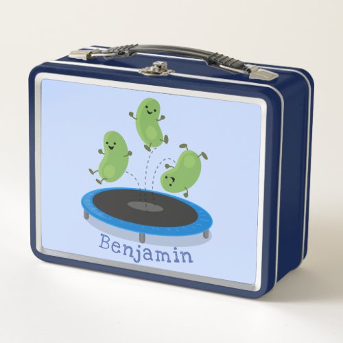 Cute funny green beans on trampoline cartoon metal lunch box