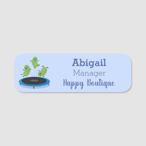 Cute funny green beans on trampoline cartoon name tag