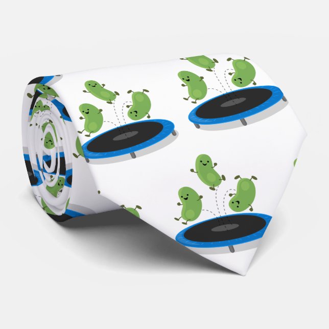Cute funny green beans on trampoline cartoon neck tie (Rolled)