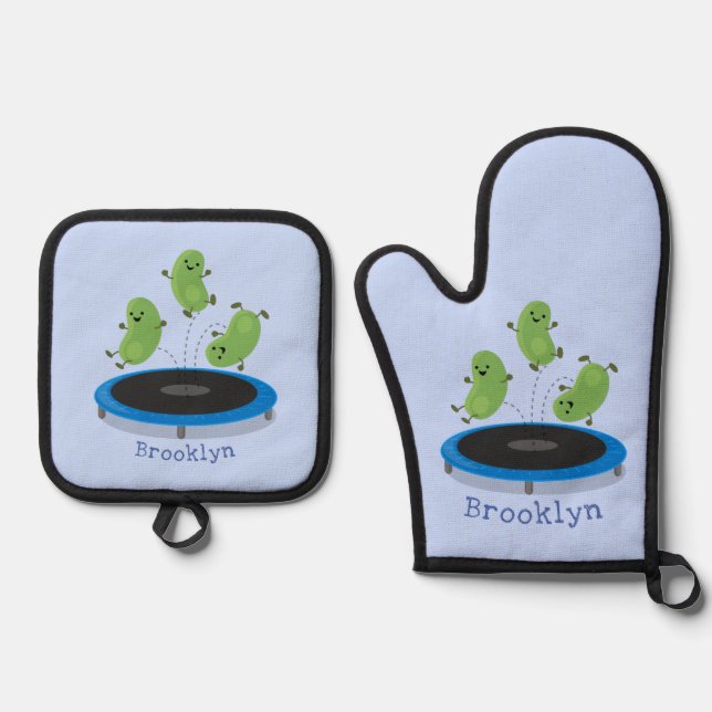 Cute funny green beans on trampoline cartoon oven mitt & pot holder set (Front)