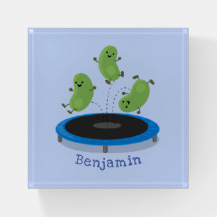 Cute funny green beans on trampoline cartoon paperweight