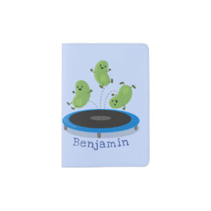 Cute funny green beans on trampoline cartoon passport holder