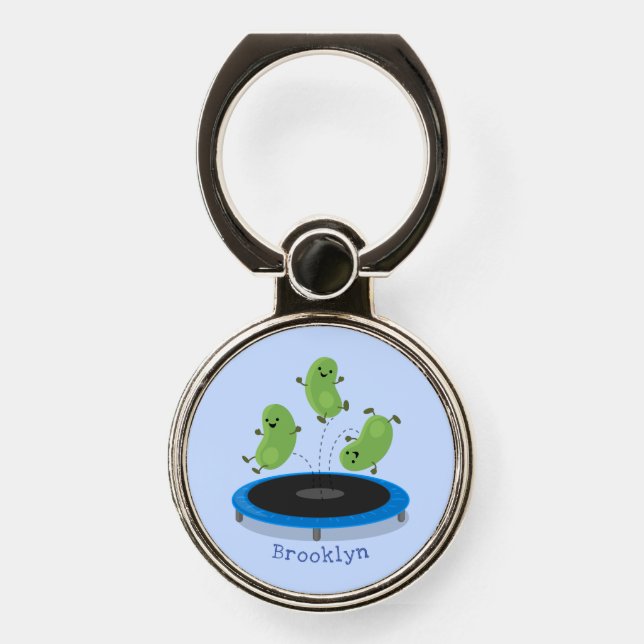 Cute funny green beans on trampoline cartoon phone ring stand (Front)
