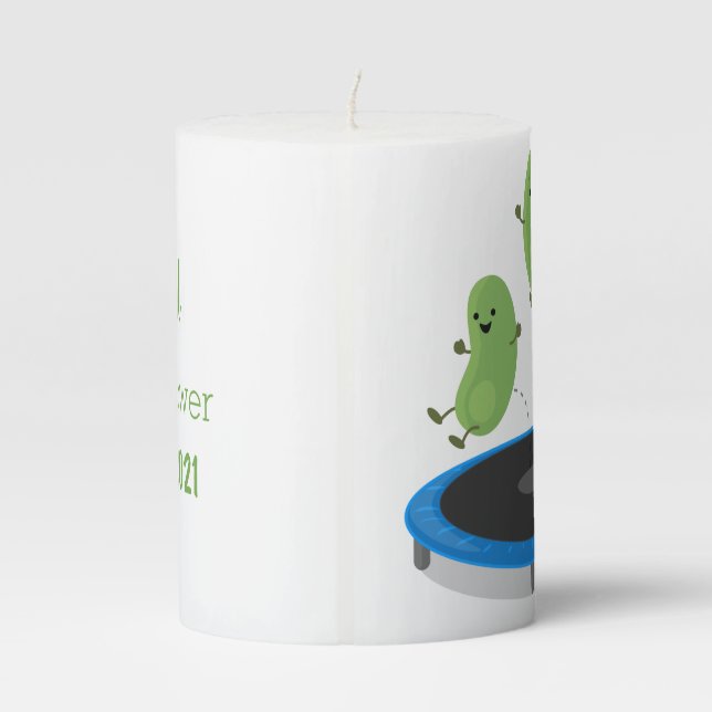 Cute funny green beans on trampoline cartoon pillar candle (Back)