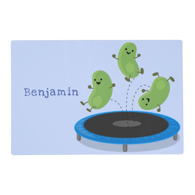 Cute funny green beans on trampoline cartoon placemat (Front)
