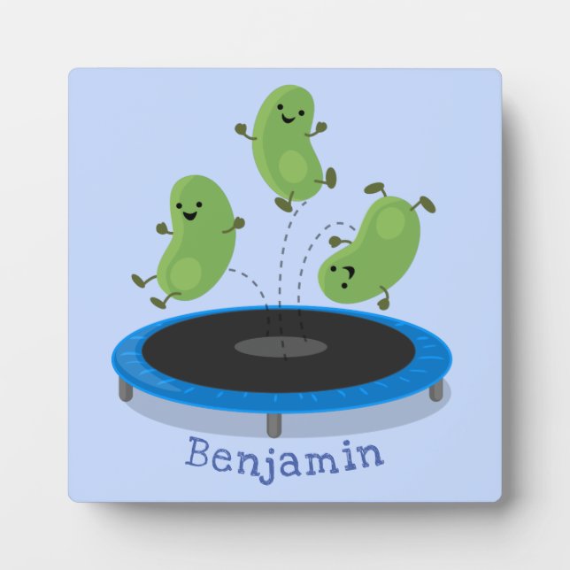 Cute funny green beans on trampoline cartoon plaque (Front)