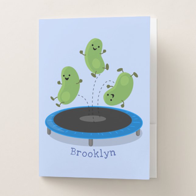 Cute funny green beans on trampoline cartoon pocket folder (Front)