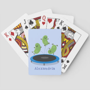 Cute funny green beans on trampoline cartoon poker cards
