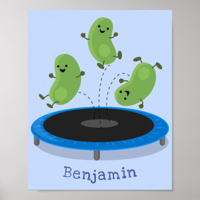 Cute funny green beans on trampoline cartoon poster (Front)