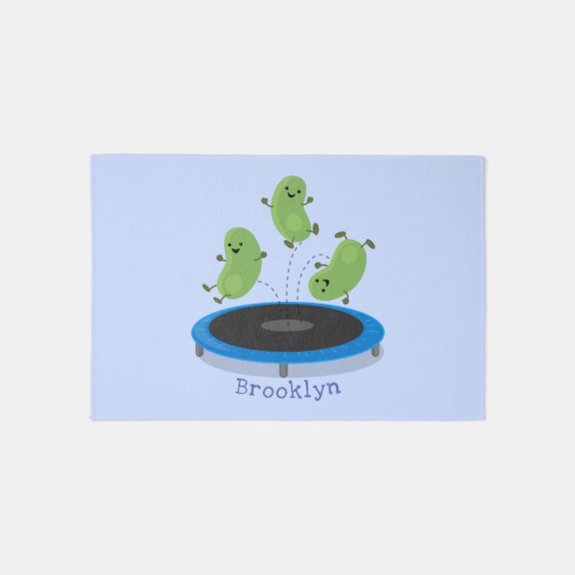 Cute funny green beans on trampoline cartoon rug (Front)