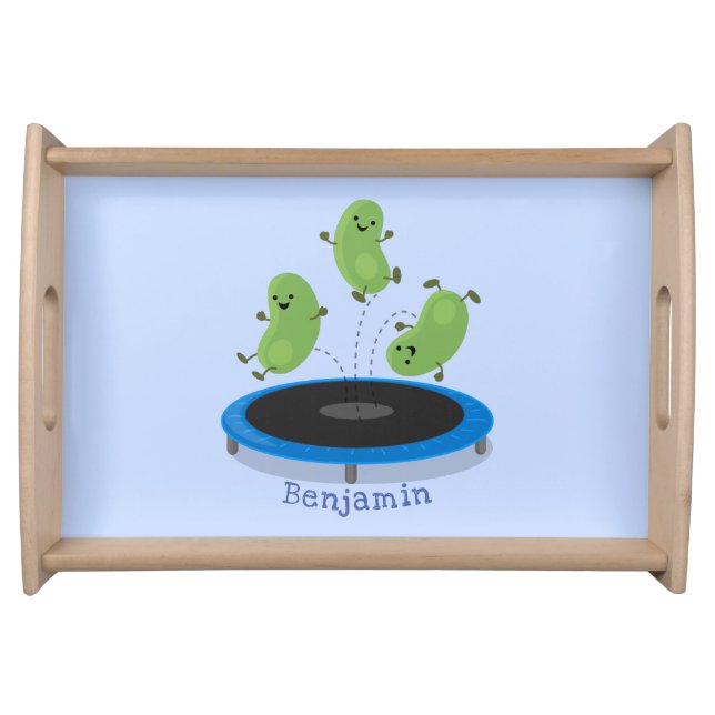 Cute funny green beans on trampoline cartoon serving tray (Front)