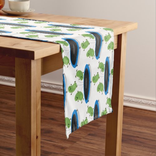 Cute funny green beans on trampoline cartoon short table runner