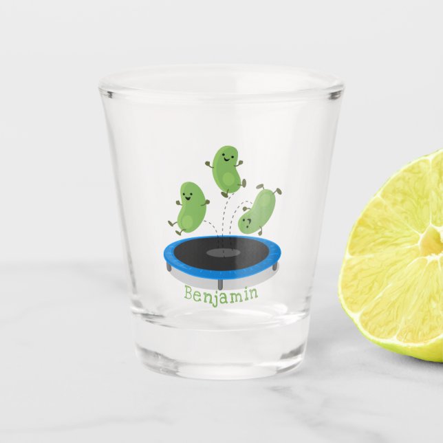 Cute funny green beans on trampoline cartoon shot glass (Front)