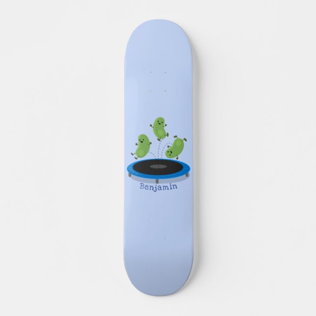 Cute funny green beans on trampoline cartoon skateboard (Front)