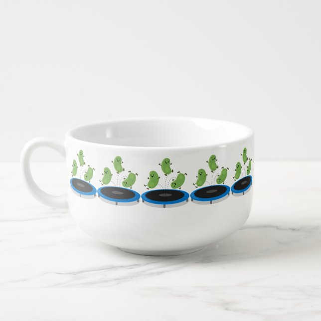 Cute funny green beans on trampoline cartoon soup mug (Right)