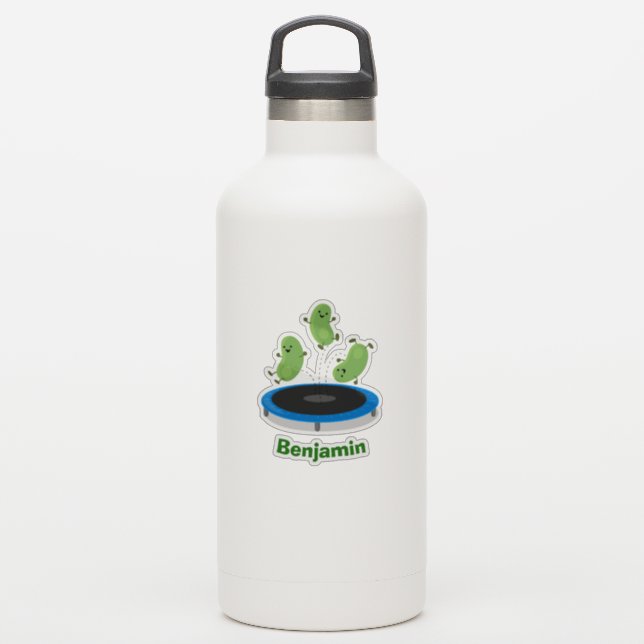 Cute funny green beans on trampoline cartoon sticker (Waterbottle)