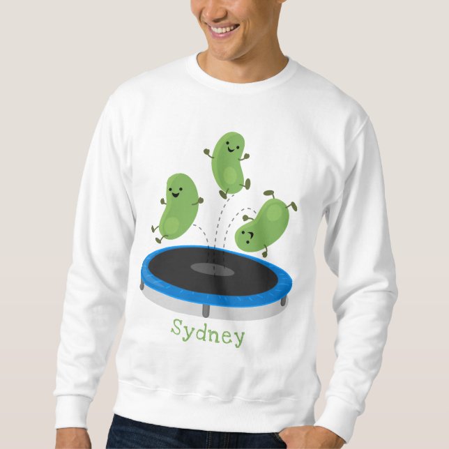 Cute funny green beans on trampoline cartoon sweatshirt (Front)