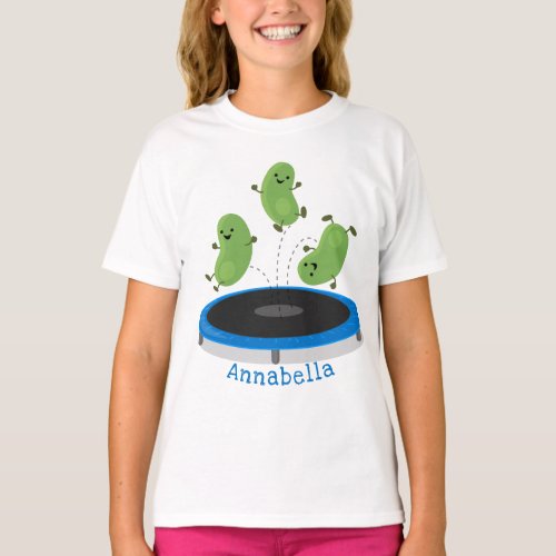 Cute funny green beans on trampoline cartoon T_Shirt