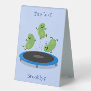 Cute funny green beans on trampoline cartoon table tent