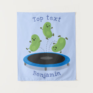 Cute funny green beans on trampoline cartoon tapestry