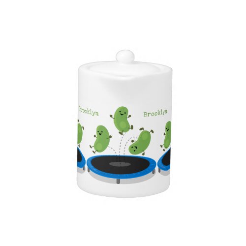 Cute funny green beans on trampoline cartoon teapot