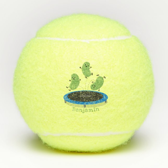 Cute funny green beans on trampoline cartoon tennis balls (Front)