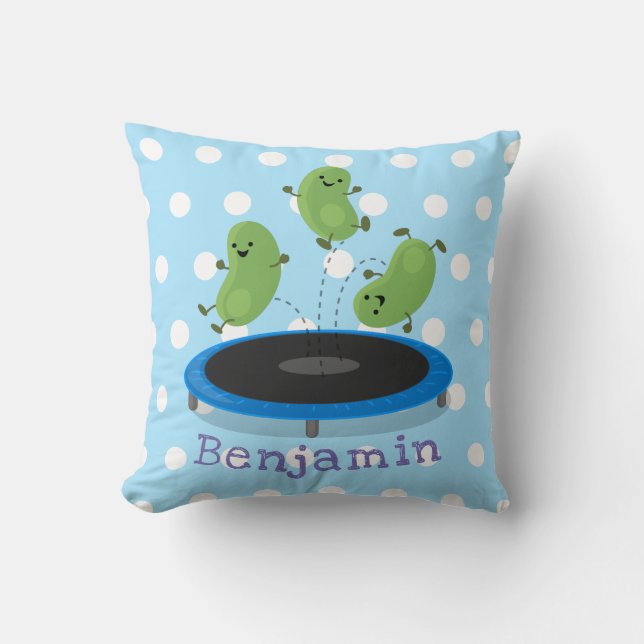 Cute funny green beans on trampoline cartoon throw pillow (Front)