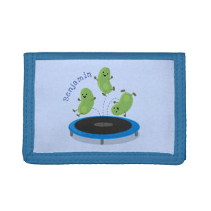 Cute funny green beans on trampoline cartoon trifold wallet