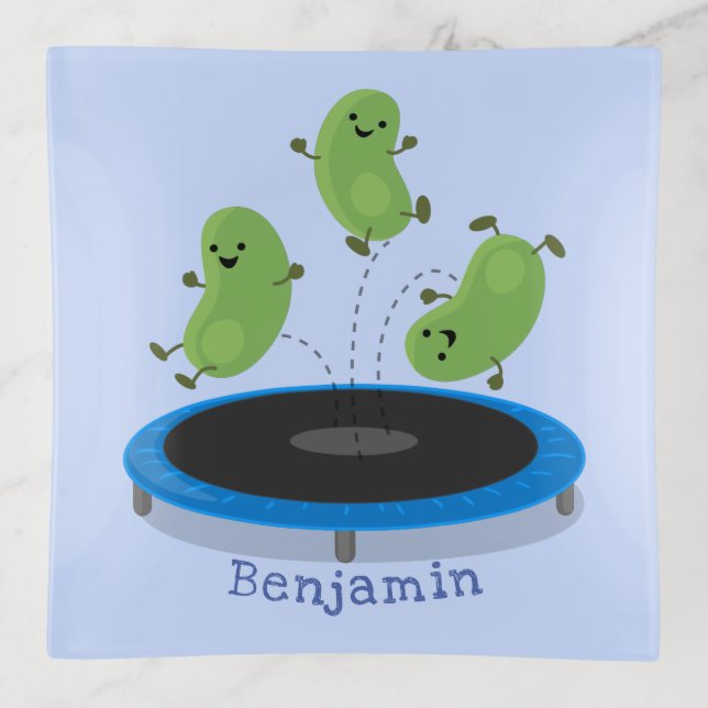 Cute funny green beans on trampoline cartoon trinket tray (Front)