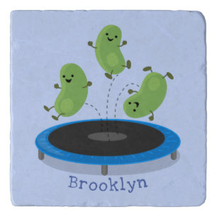 Cute funny green beans on trampoline cartoon trivet