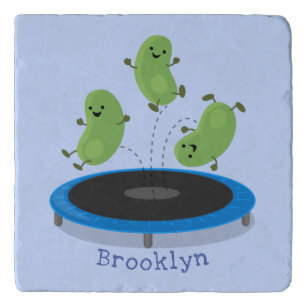 Cute funny green beans on trampoline cartoon trivet