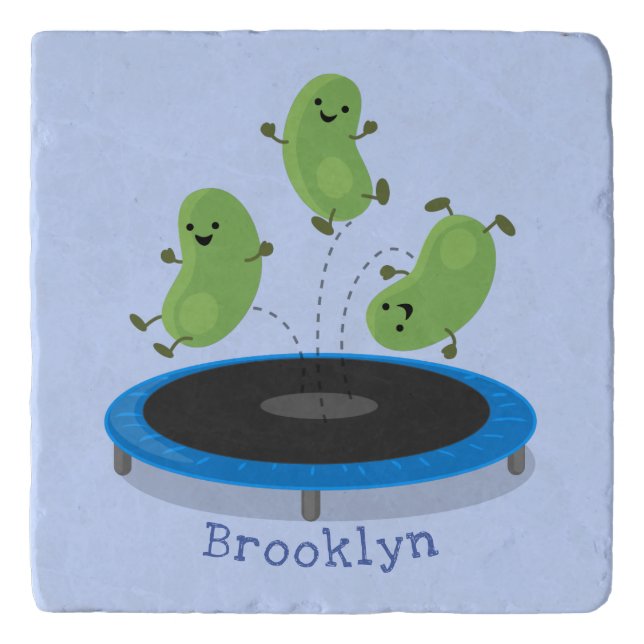 Cute funny green beans on trampoline cartoon trivet (Front)