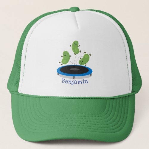 Cute funny green beans on trampoline cartoon trucker hat