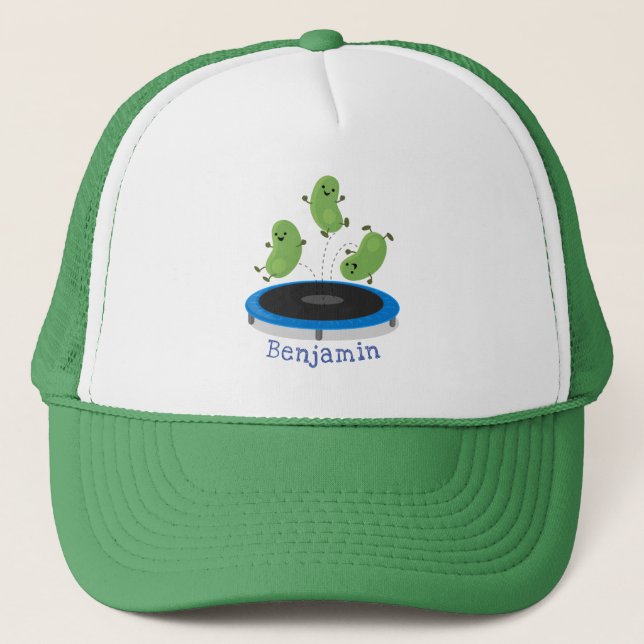 Cute funny green beans on trampoline cartoon trucker hat (Front)