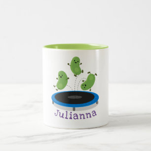 Cute funny green beans on trampoline cartoon Two-Tone coffee mug