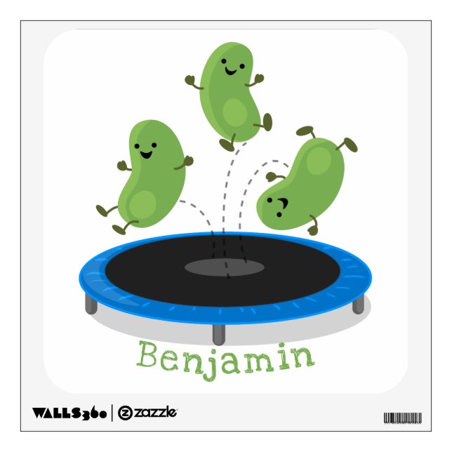 Cute funny green beans on trampoline cartoon wall decal (Front)