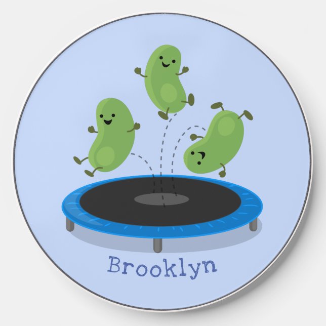 Cute funny green beans on trampoline cartoon wireless charger  (Front)