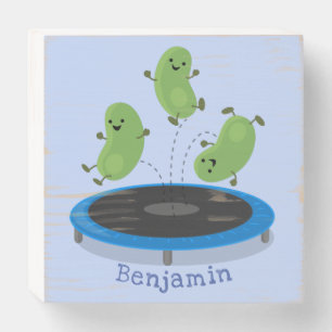 Cute funny green beans on trampoline cartoon wooden box sign