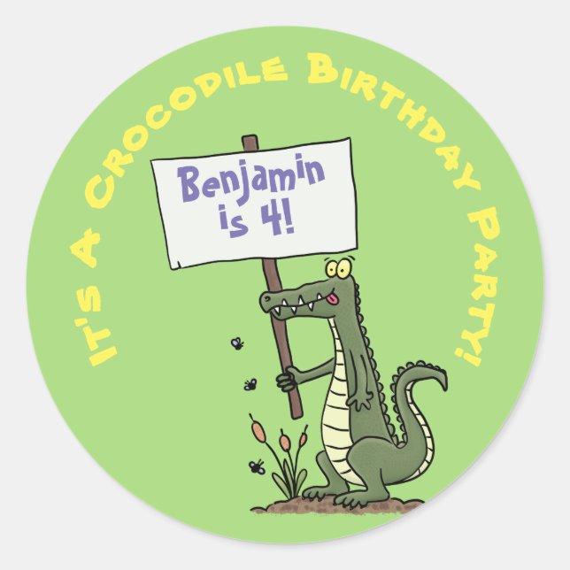 Cute, funny green crocodile humor cartoon classic round sticker (Front)