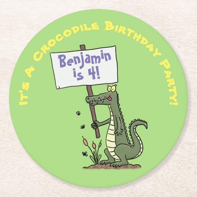 Cute, funny green crocodile humor cartoon round paper coaster (Front)