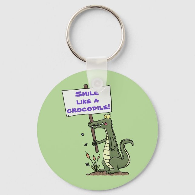 Cute, funny green crocodile humor smile cartoon keychain (Front)