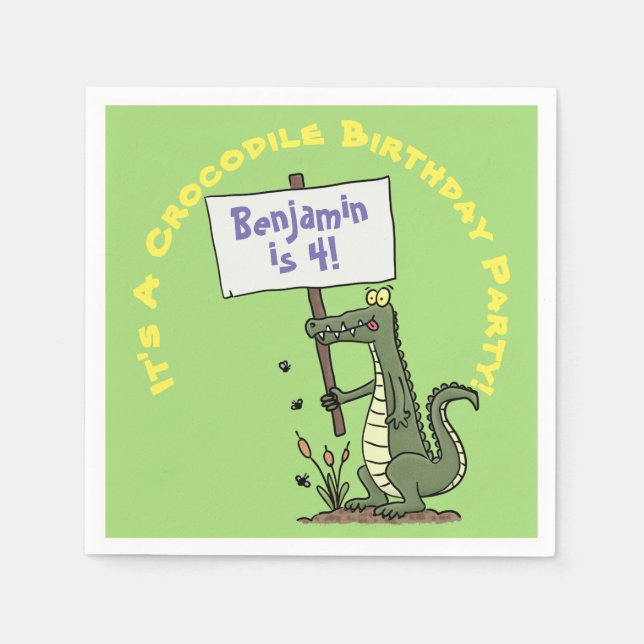 Cute, funny green crocodile smiling humor cartoon napkins (Front)