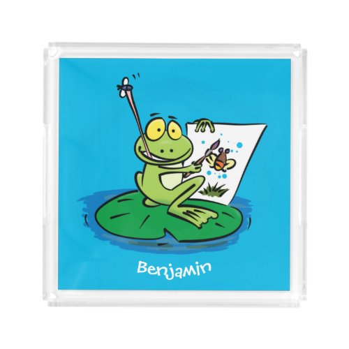Cute funny green frog cartoon illustration acrylic tray