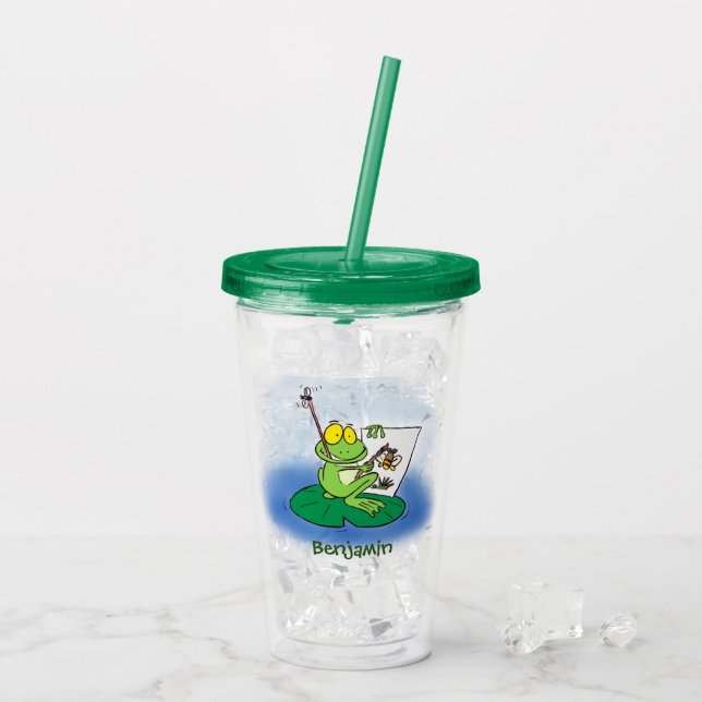 Cute funny green frog cartoon illustration acrylic tumbler (Back Ice)