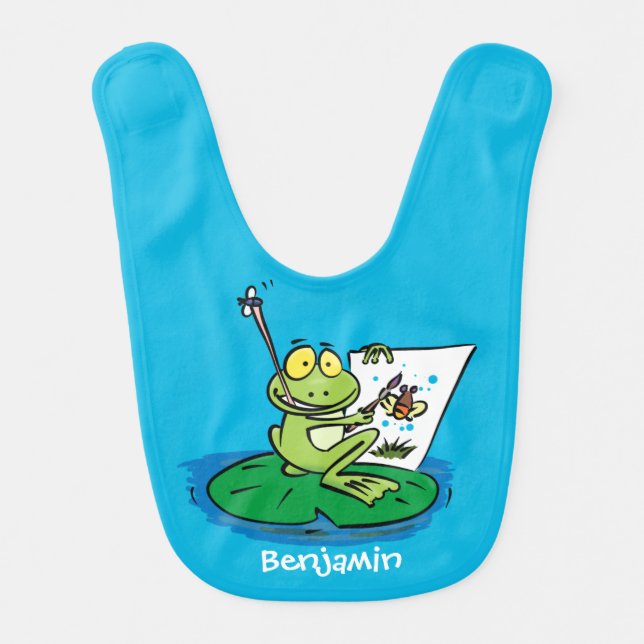 Cute funny green frog cartoon illustration  baby bib (Front)