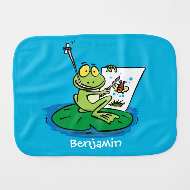 Cute funny green frog cartoon illustration  baby burp cloth (Front Horizontal)
