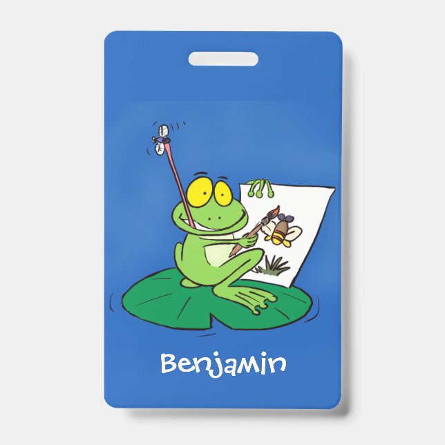 Cute funny green frog cartoon illustration badge (Front)