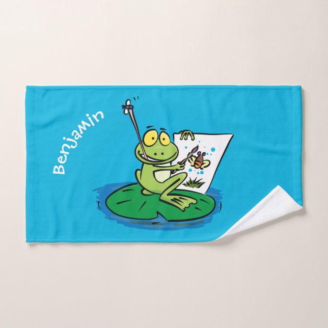 Cute funny green frog cartoon illustration  bath towel set (Hand Towel)